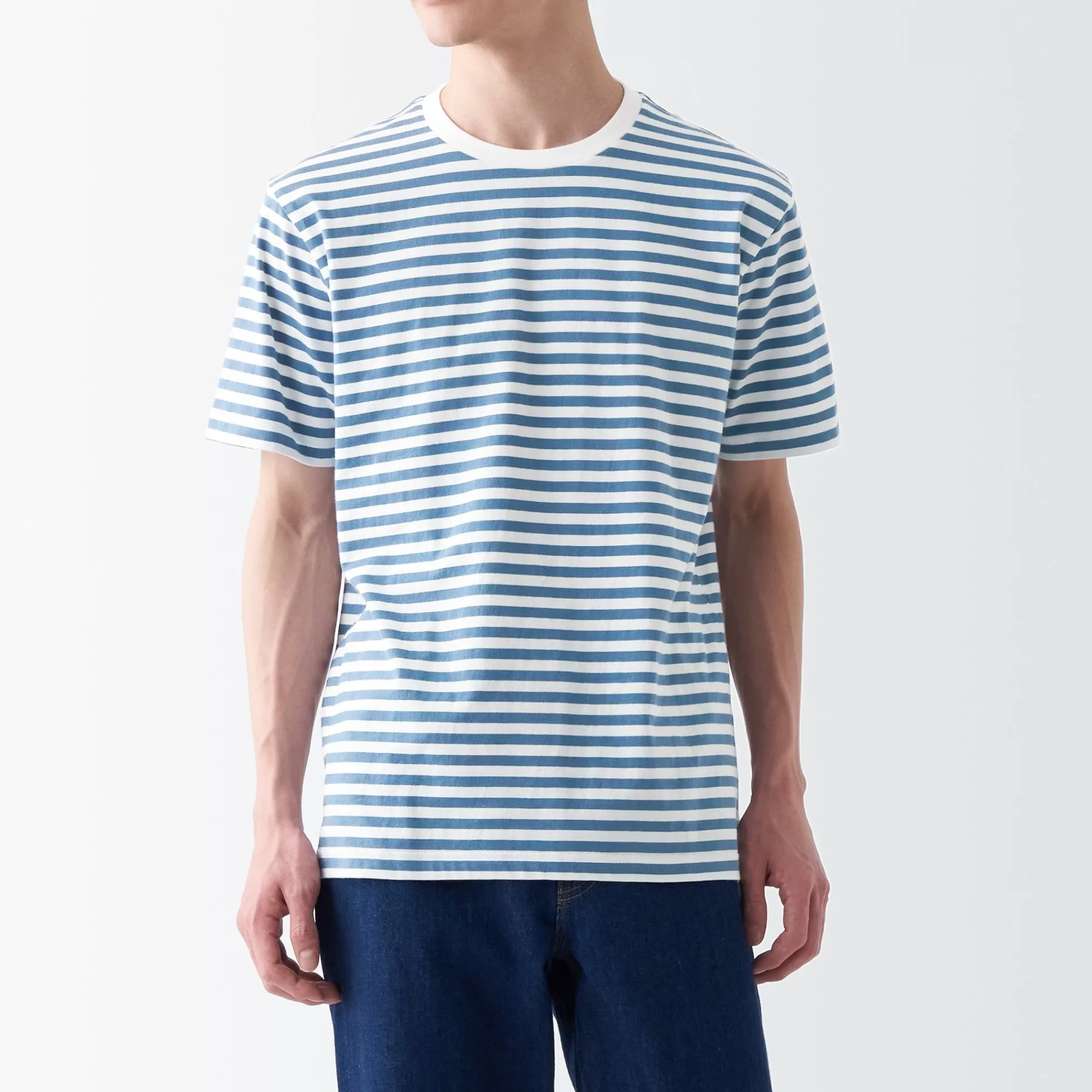 MUJI Men'S Washed Jersey Crew Neck Short Sleeve Stripe T-Shirt Cheap