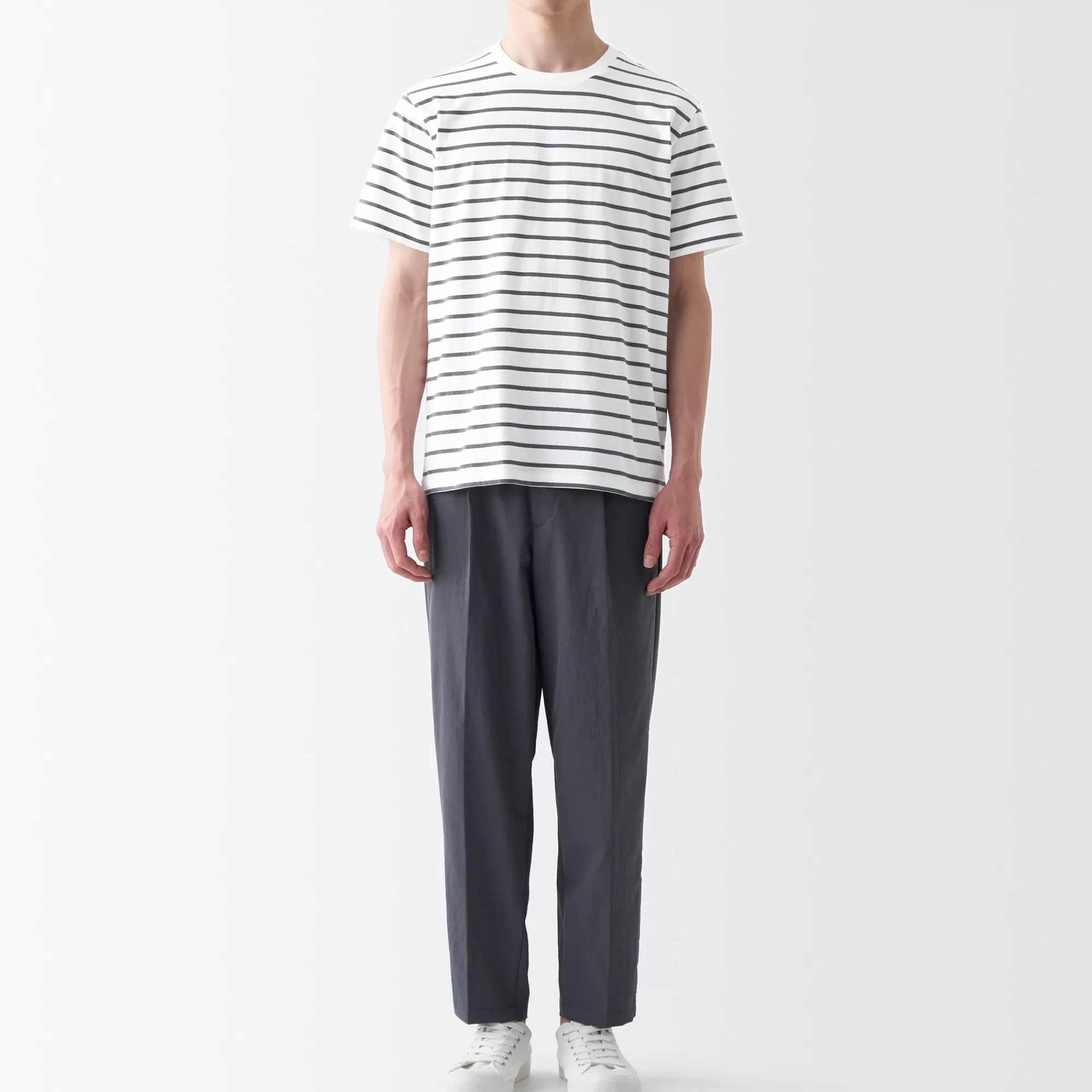 MUJI Men'S Washed Jersey Crew Neck Short Sleeve Stripe T-Shirt Cheap