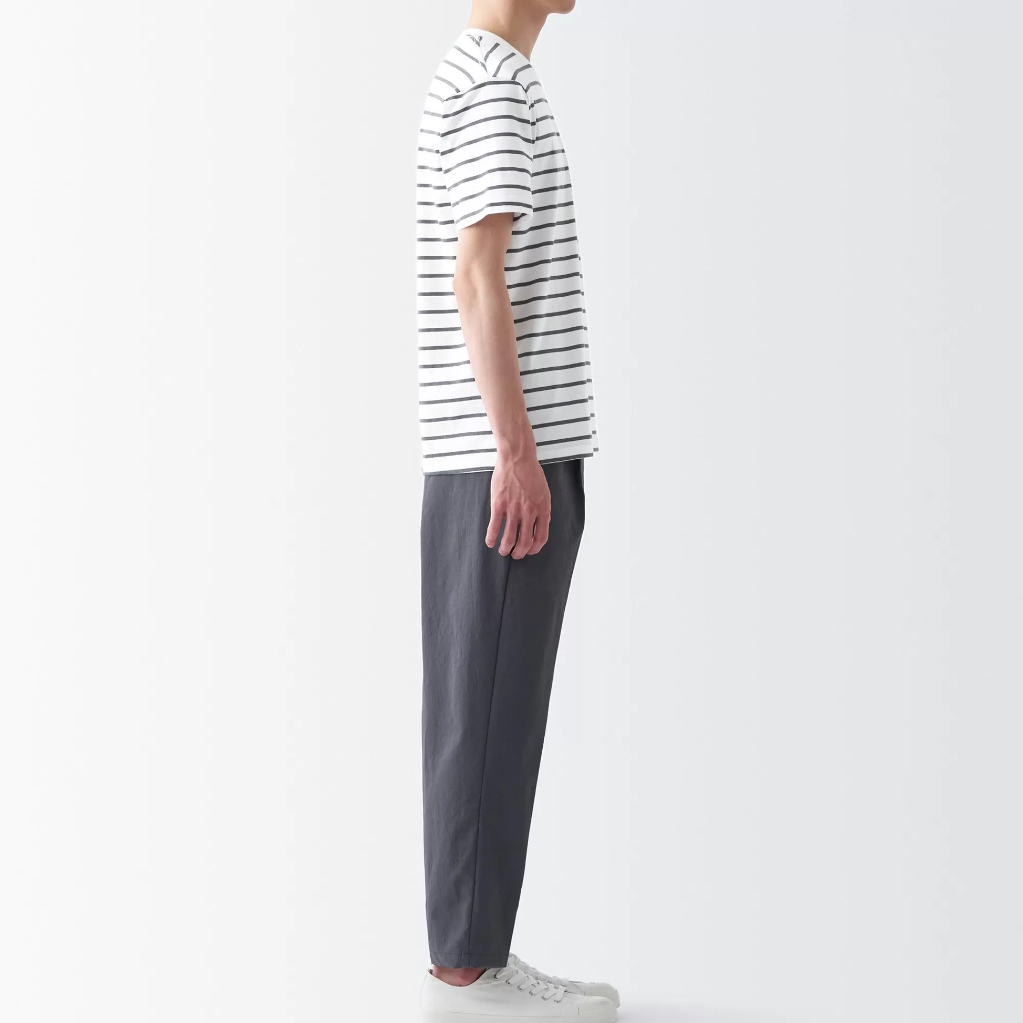 MUJI Men'S Washed Jersey Crew Neck Short Sleeve Stripe T-Shirt Cheap