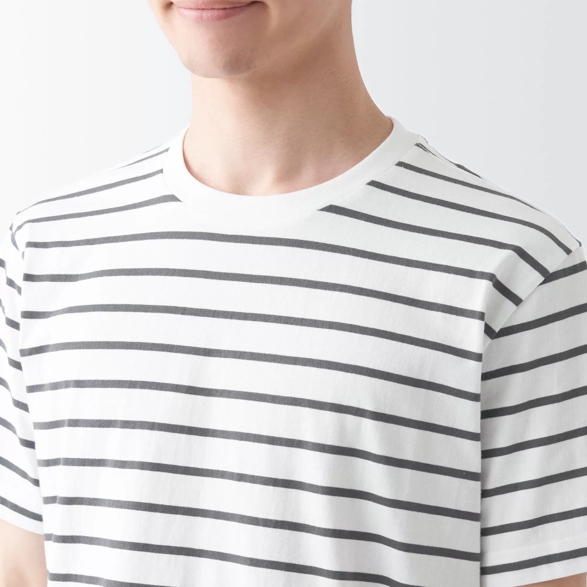 MUJI Men'S Washed Jersey Crew Neck Short Sleeve Stripe T-Shirt Cheap