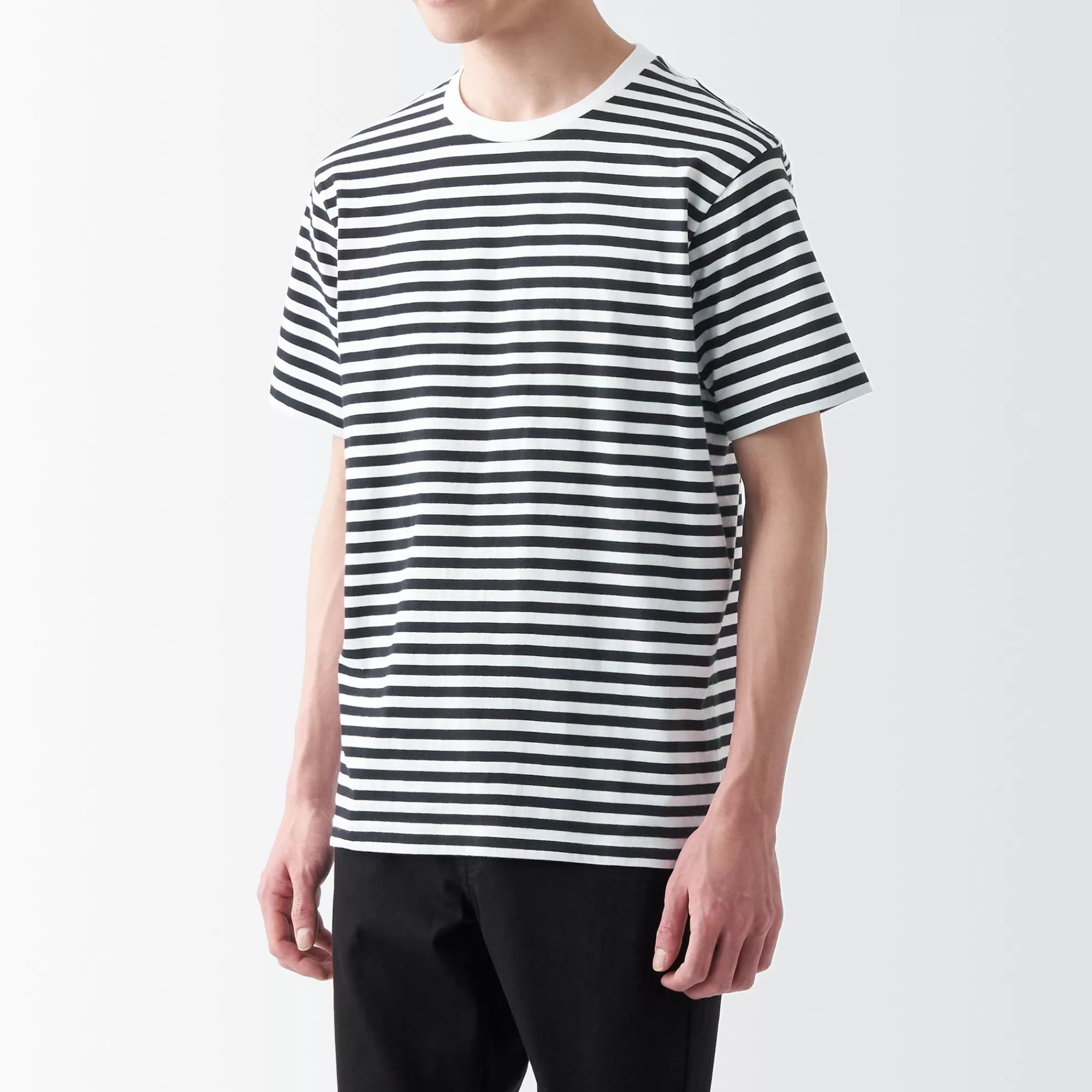 MUJI Men'S Washed Jersey Crew Neck Short Sleeve Stripe T-Shirt Cheap