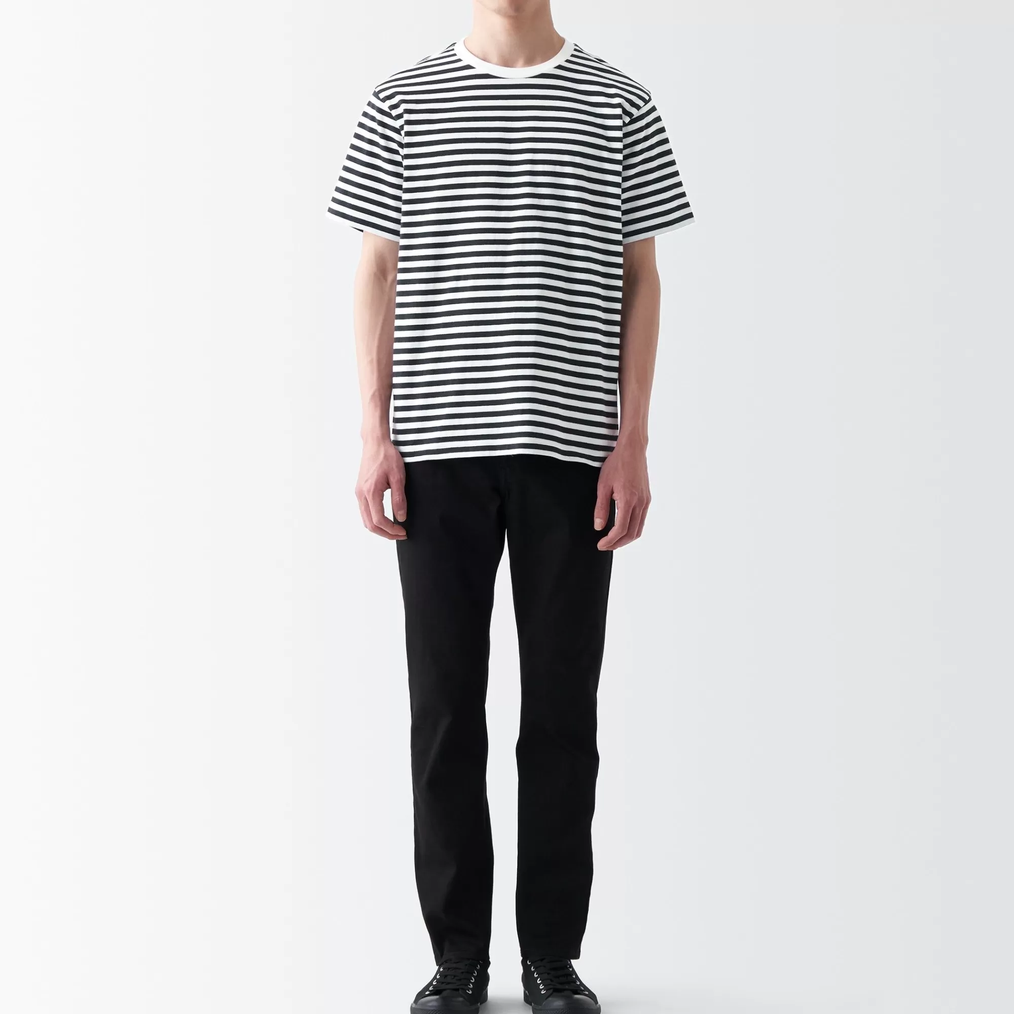 MUJI Men'S Washed Jersey Crew Neck Short Sleeve Stripe T-Shirt Cheap