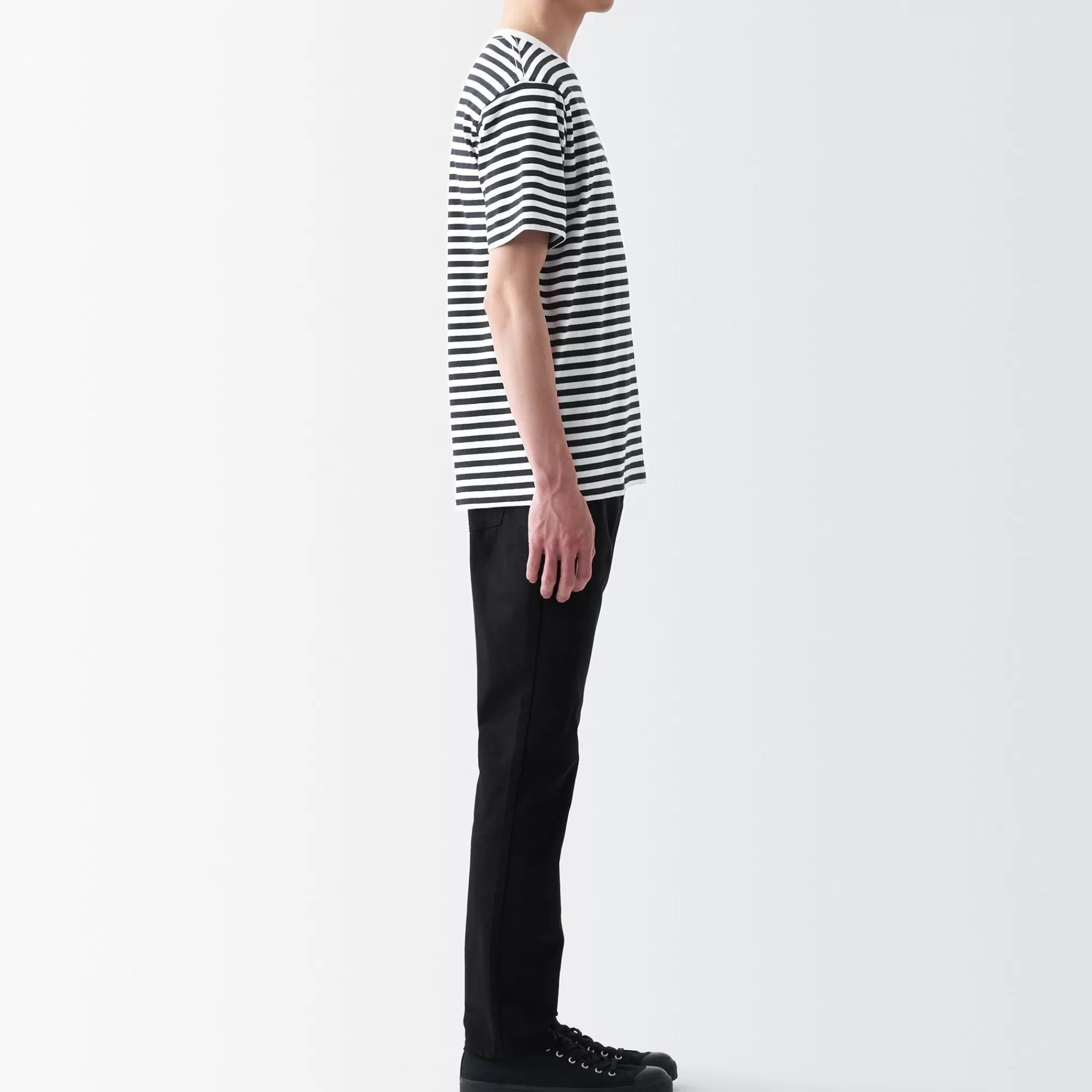 MUJI Men'S Washed Jersey Crew Neck Short Sleeve Stripe T-Shirt Cheap