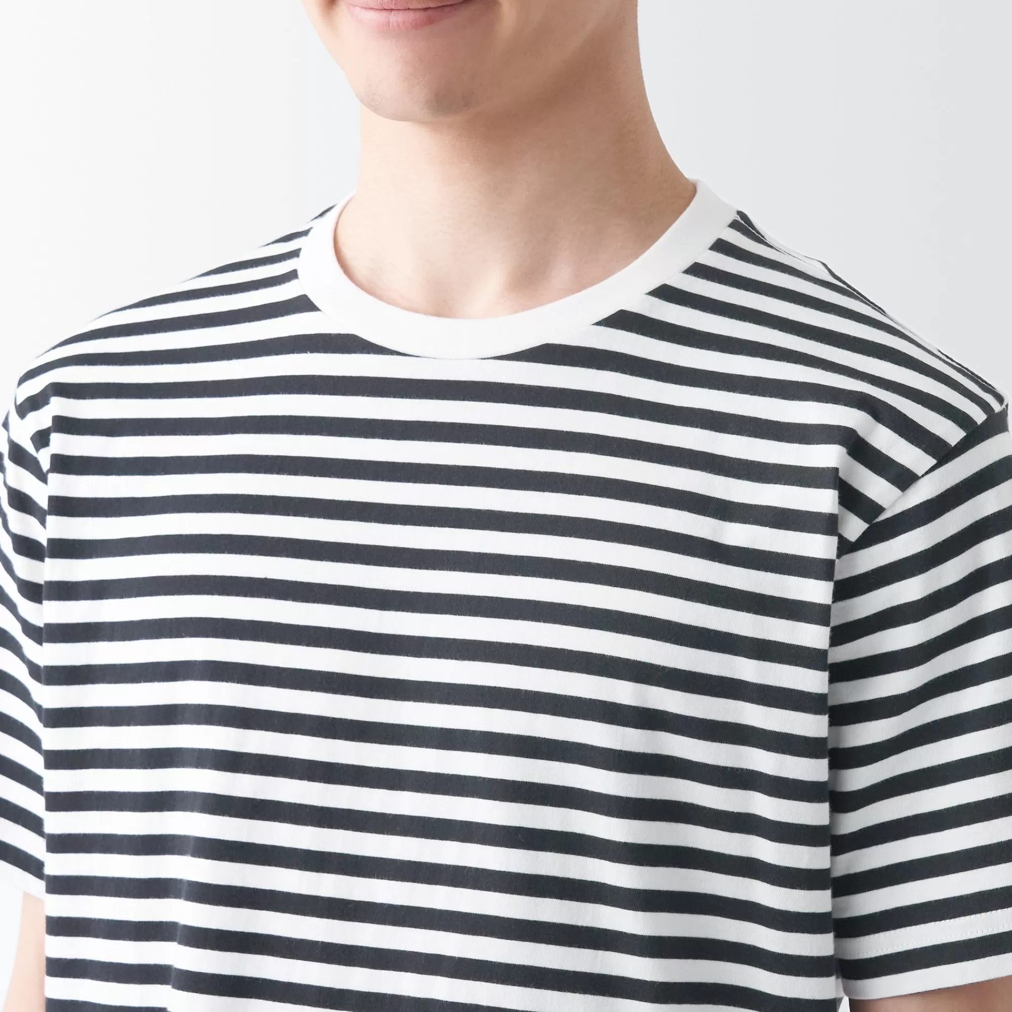 MUJI Men'S Washed Jersey Crew Neck Short Sleeve Stripe T-Shirt Cheap