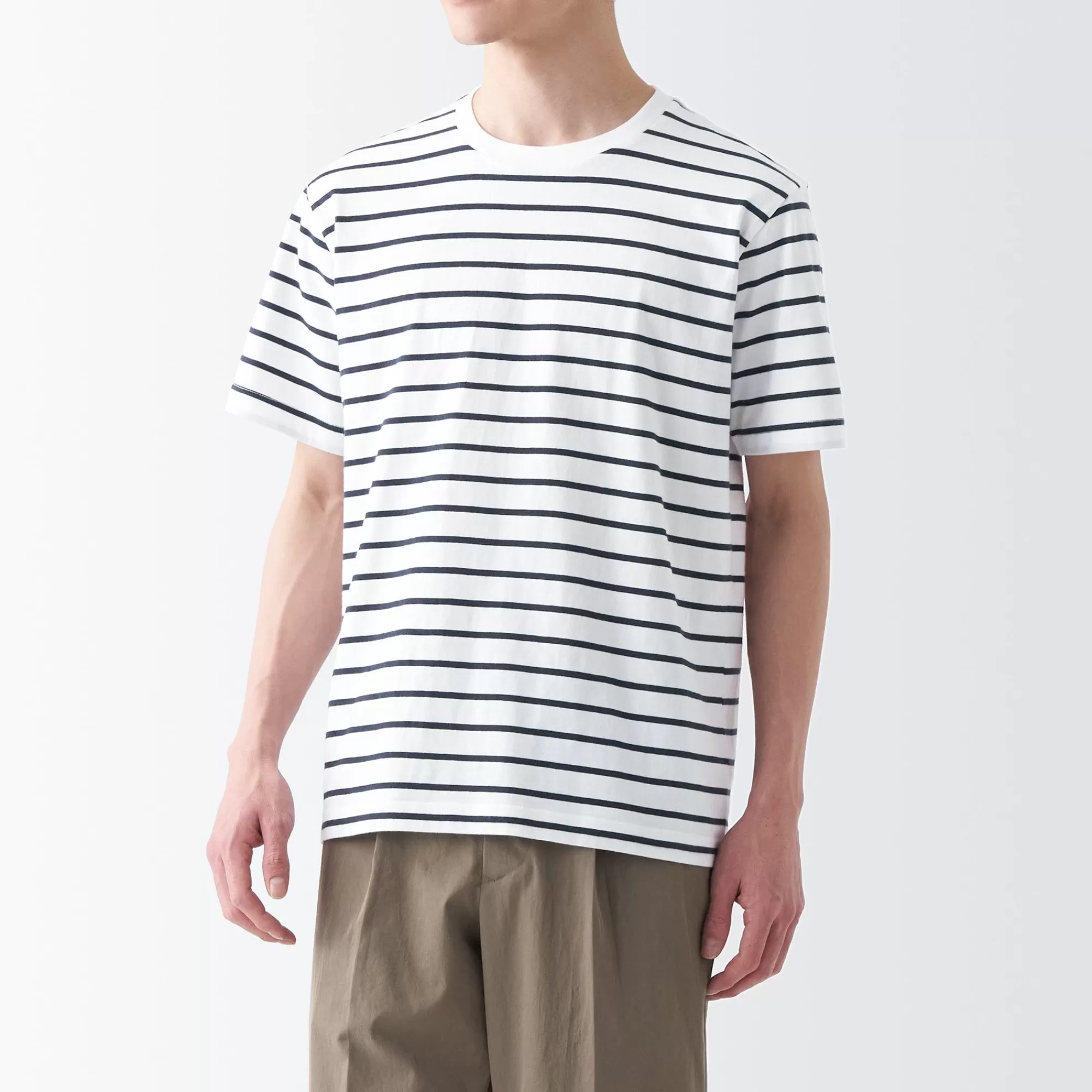 MUJI Men'S Washed Jersey Crew Neck Short Sleeve Stripe T-Shirt Cheap