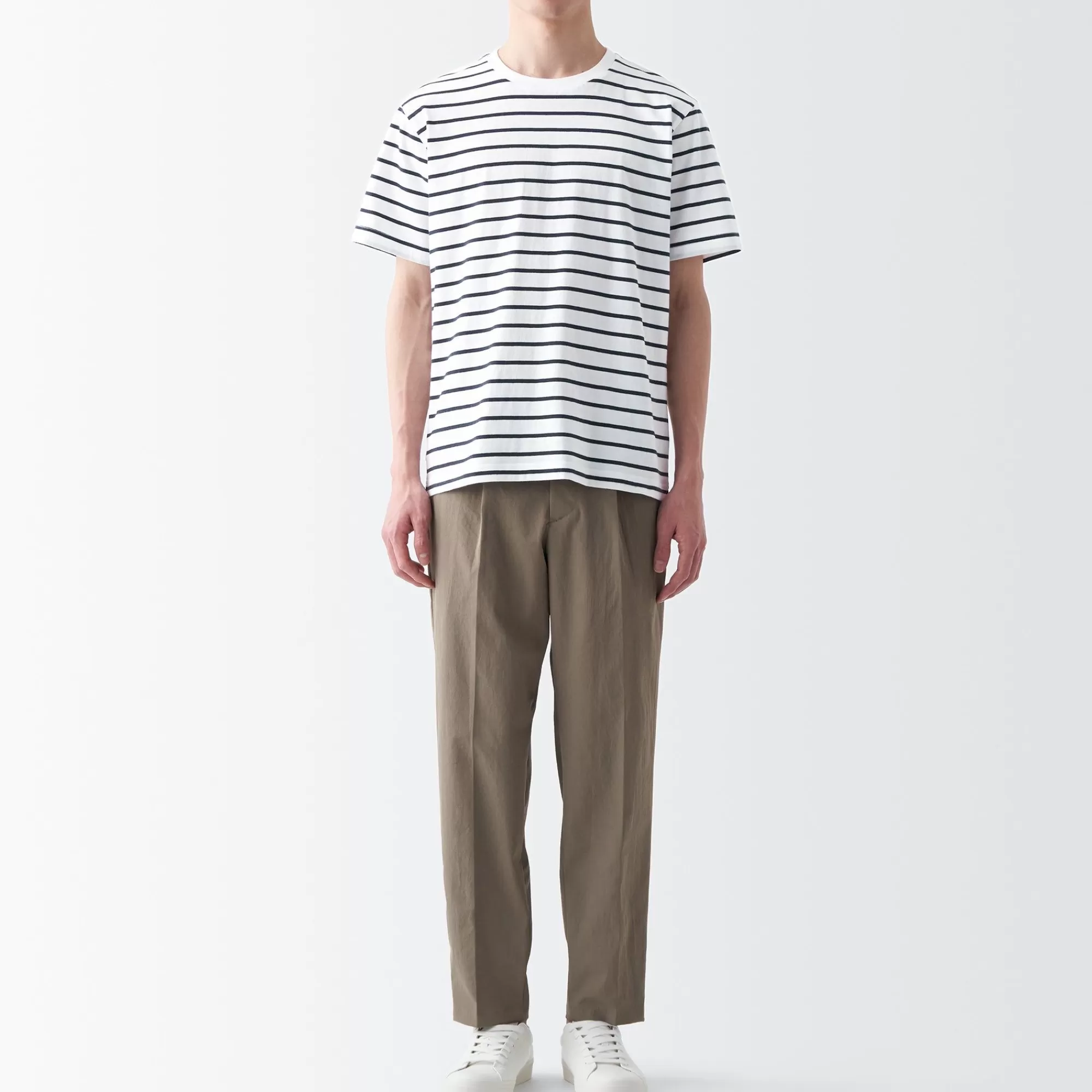MUJI Men'S Washed Jersey Crew Neck Short Sleeve Stripe T-Shirt Cheap