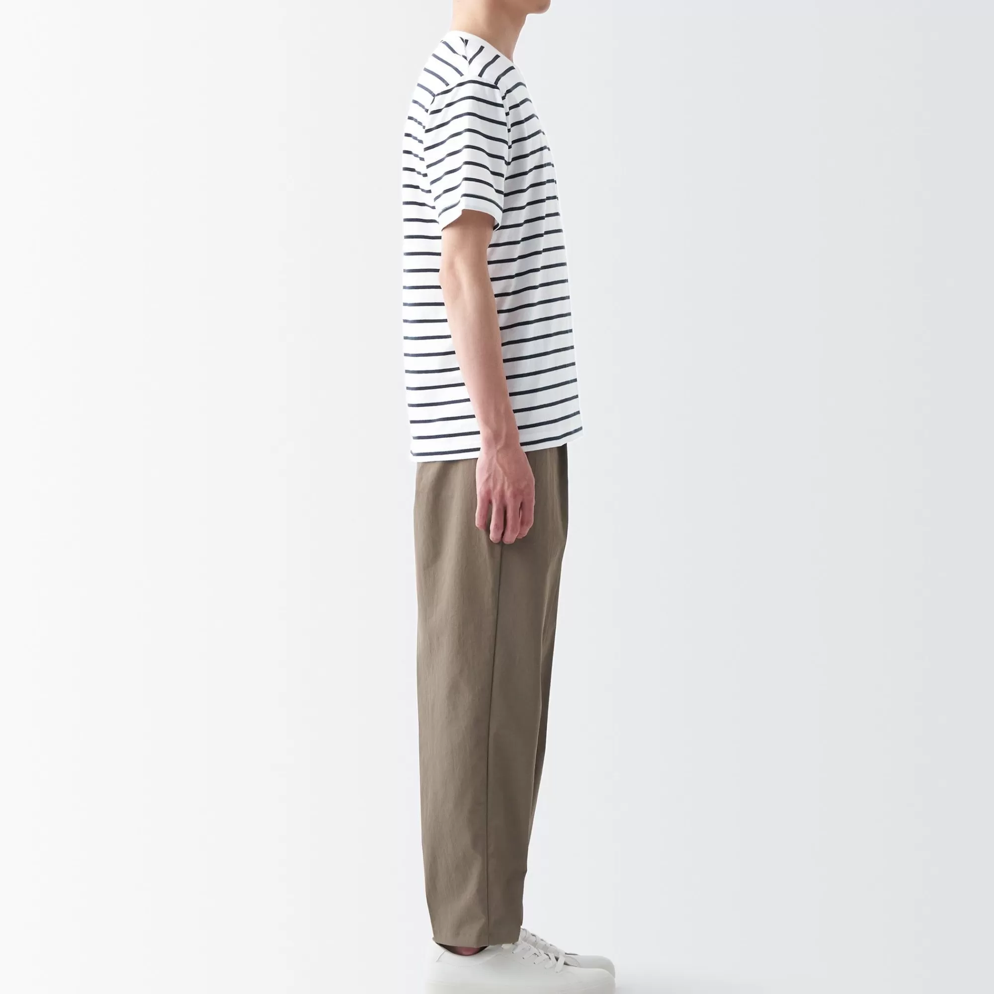MUJI Men'S Washed Jersey Crew Neck Short Sleeve Stripe T-Shirt Cheap