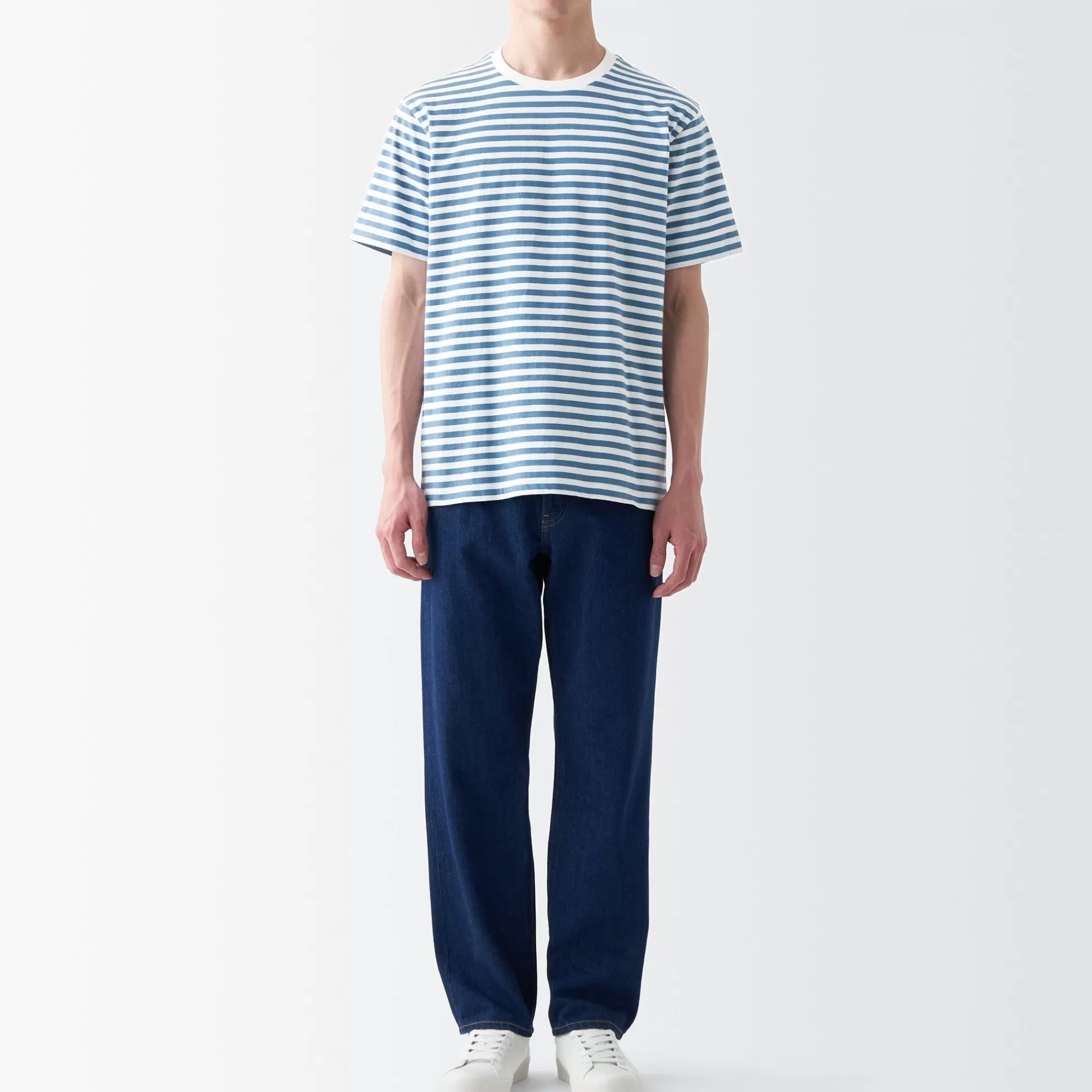 MUJI Men'S Washed Jersey Crew Neck Short Sleeve Stripe T-Shirt Cheap