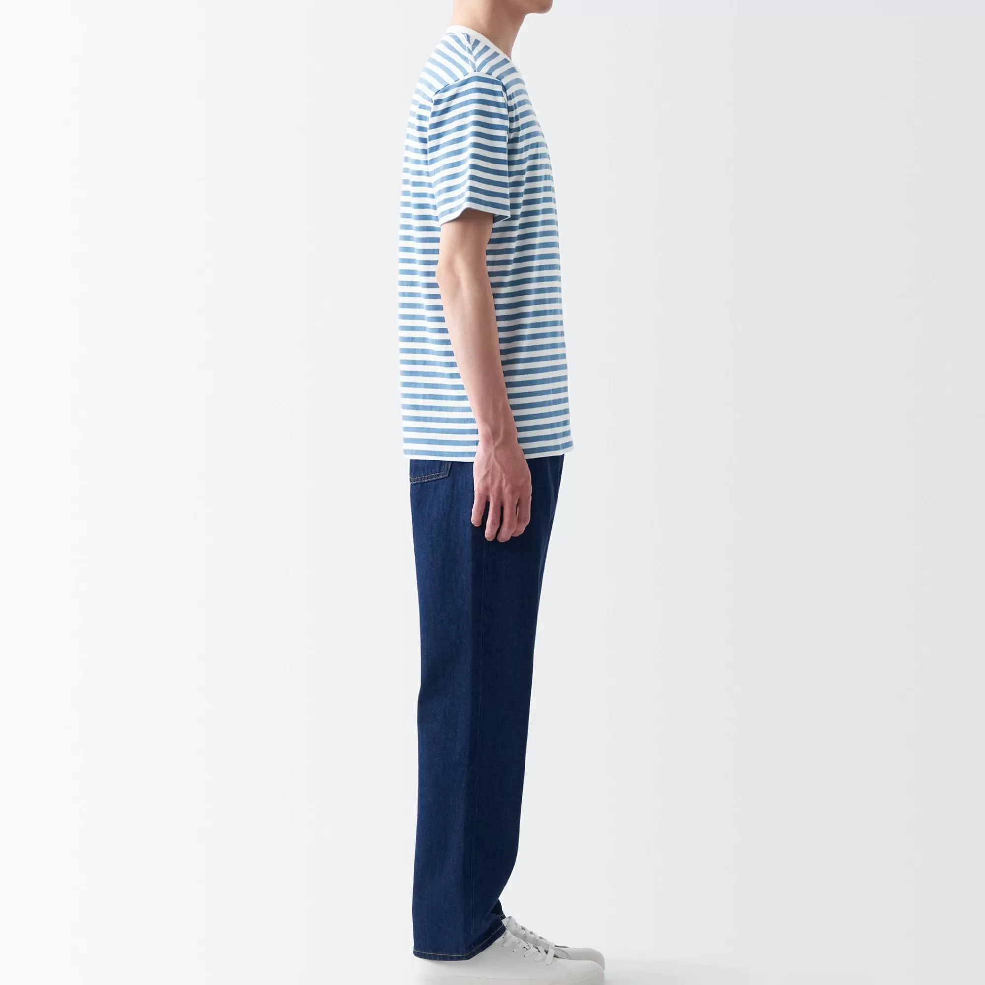 MUJI Men'S Washed Jersey Crew Neck Short Sleeve Stripe T-Shirt Cheap