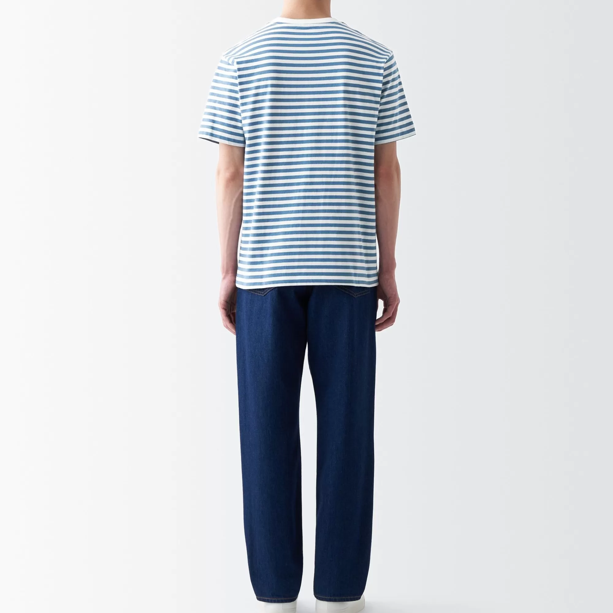 MUJI Men'S Washed Jersey Crew Neck Short Sleeve Stripe T-Shirt Cheap