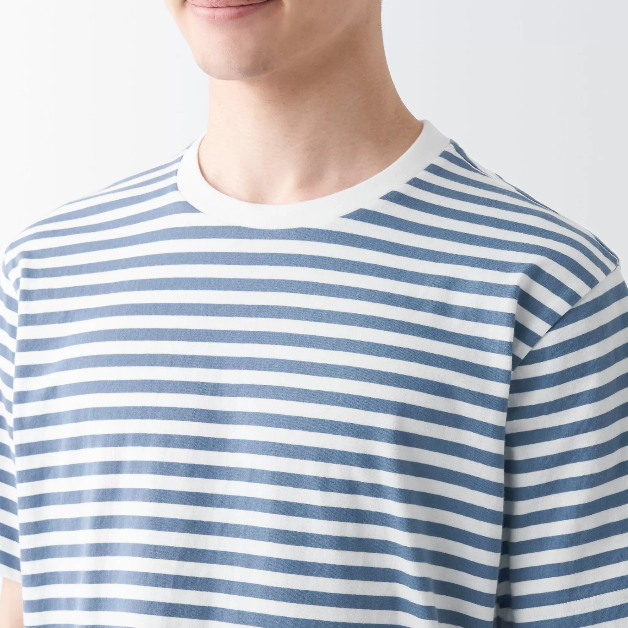 MUJI Men'S Washed Jersey Crew Neck Short Sleeve Stripe T-Shirt Cheap