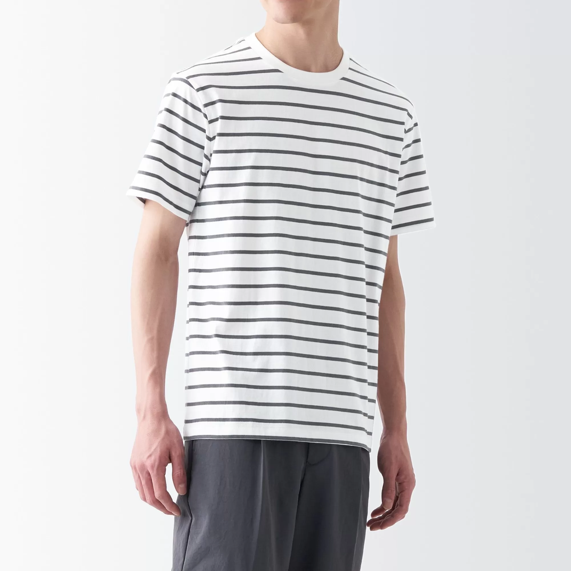 MUJI Men'S Washed Jersey Crew Neck Short Sleeve Stripe T-Shirt Cheap