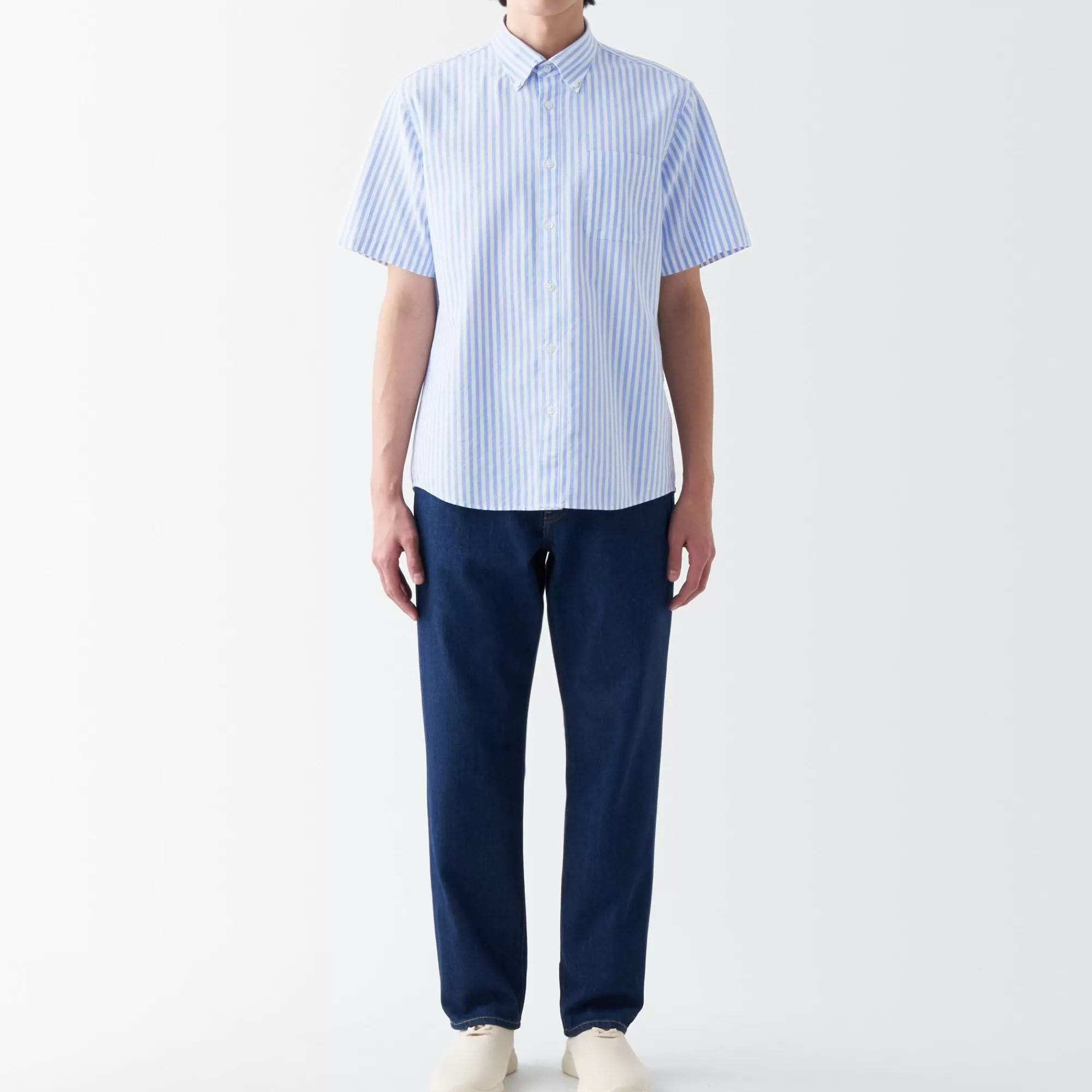 MUJI Men'S Washed Oxford Button Downpatterned Short Sleeve Shirt Discount