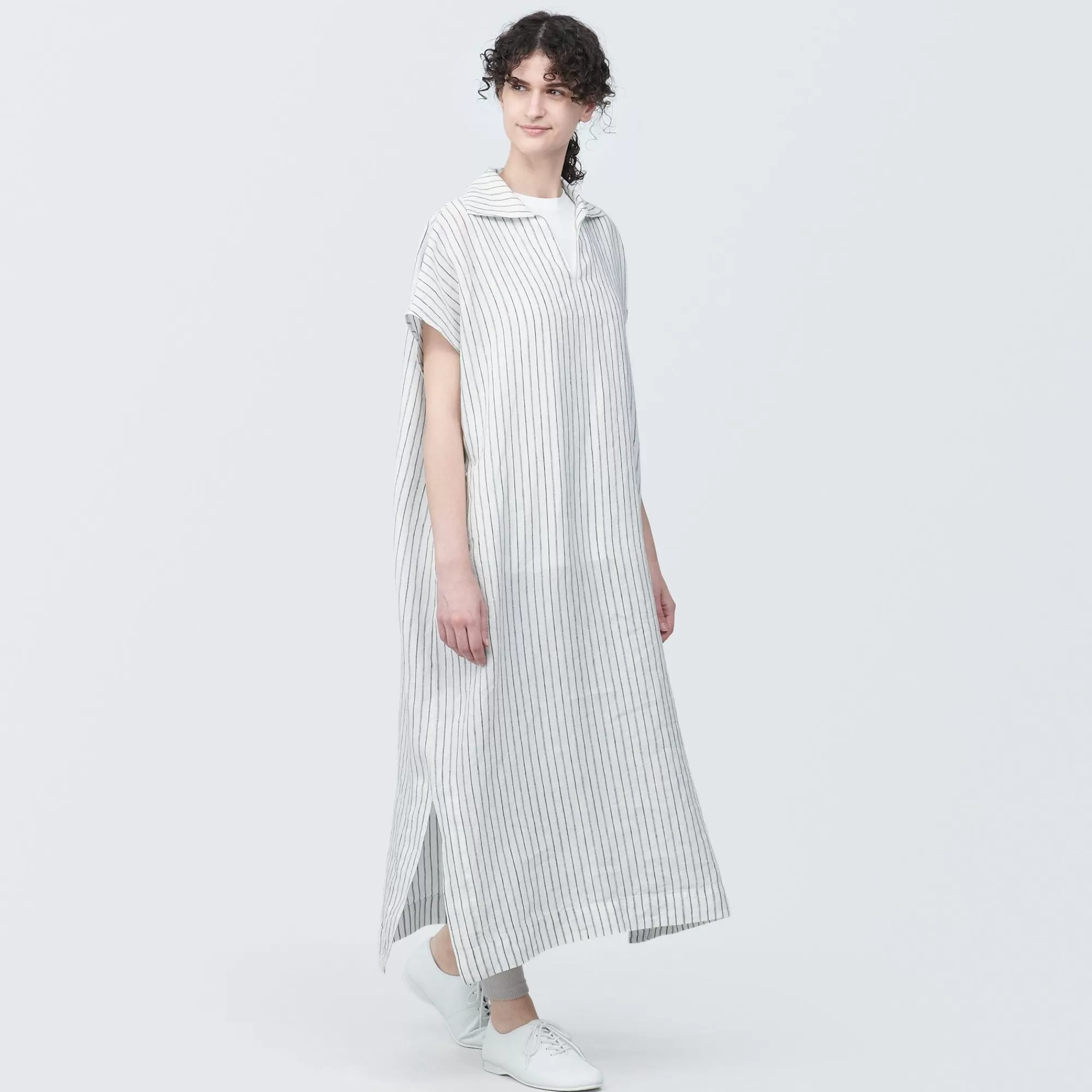 MUJI Women'S Washed Linen Skipper Collar Short Sleeve Striped Dress Off White Stripe Best Sale