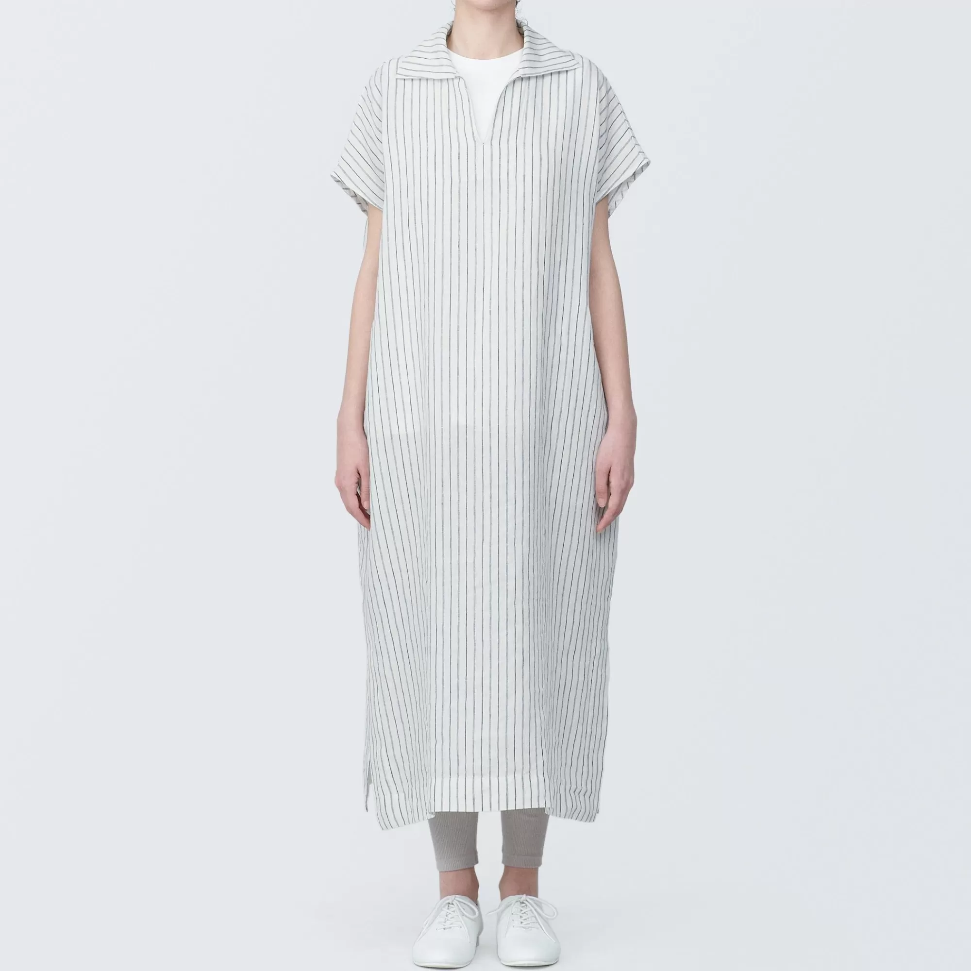 MUJI Women'S Washed Linen Skipper Collar Short Sleeve Striped Dress Off White Stripe Best Sale