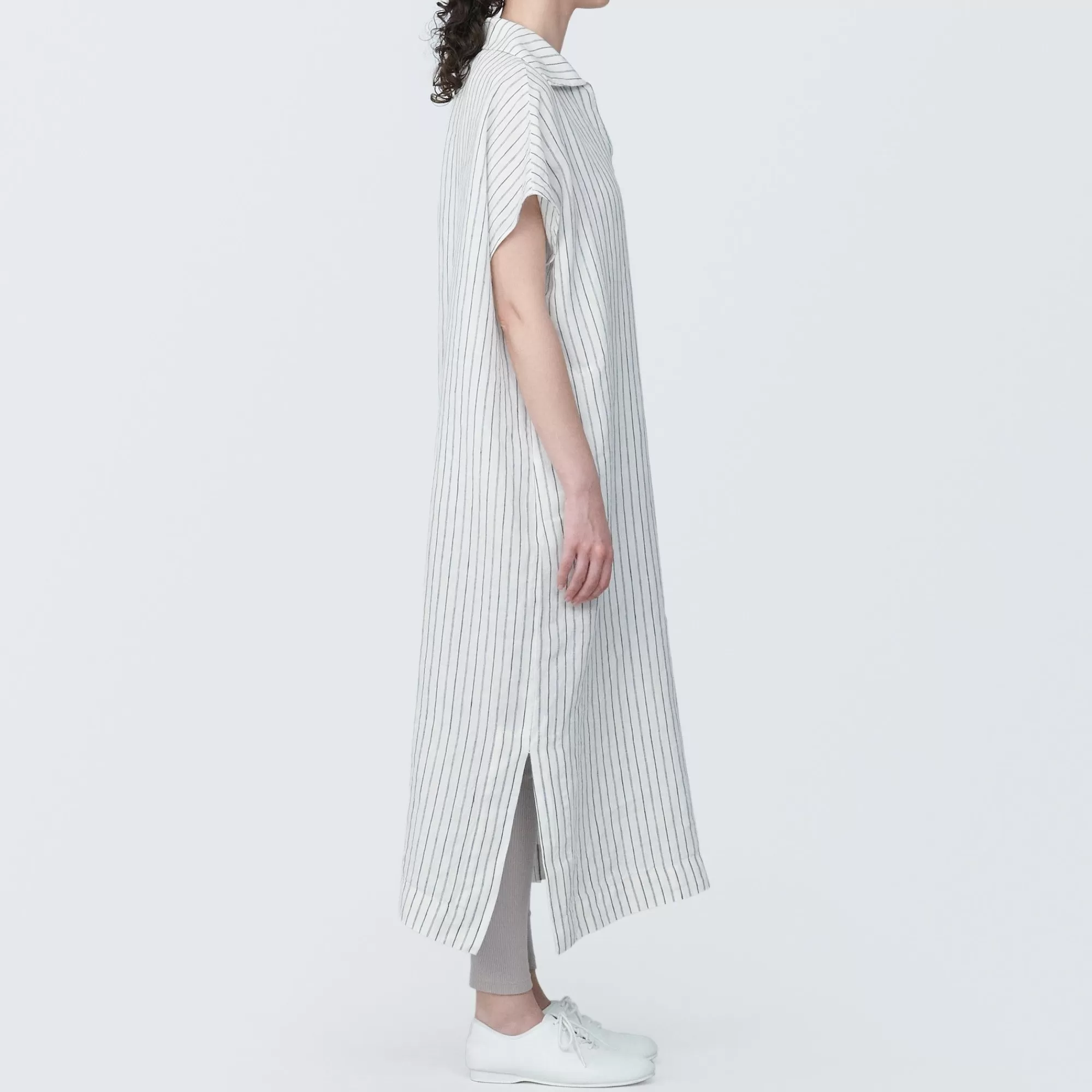 MUJI Women'S Washed Linen Skipper Collar Short Sleeve Striped Dress Off White Stripe Best Sale