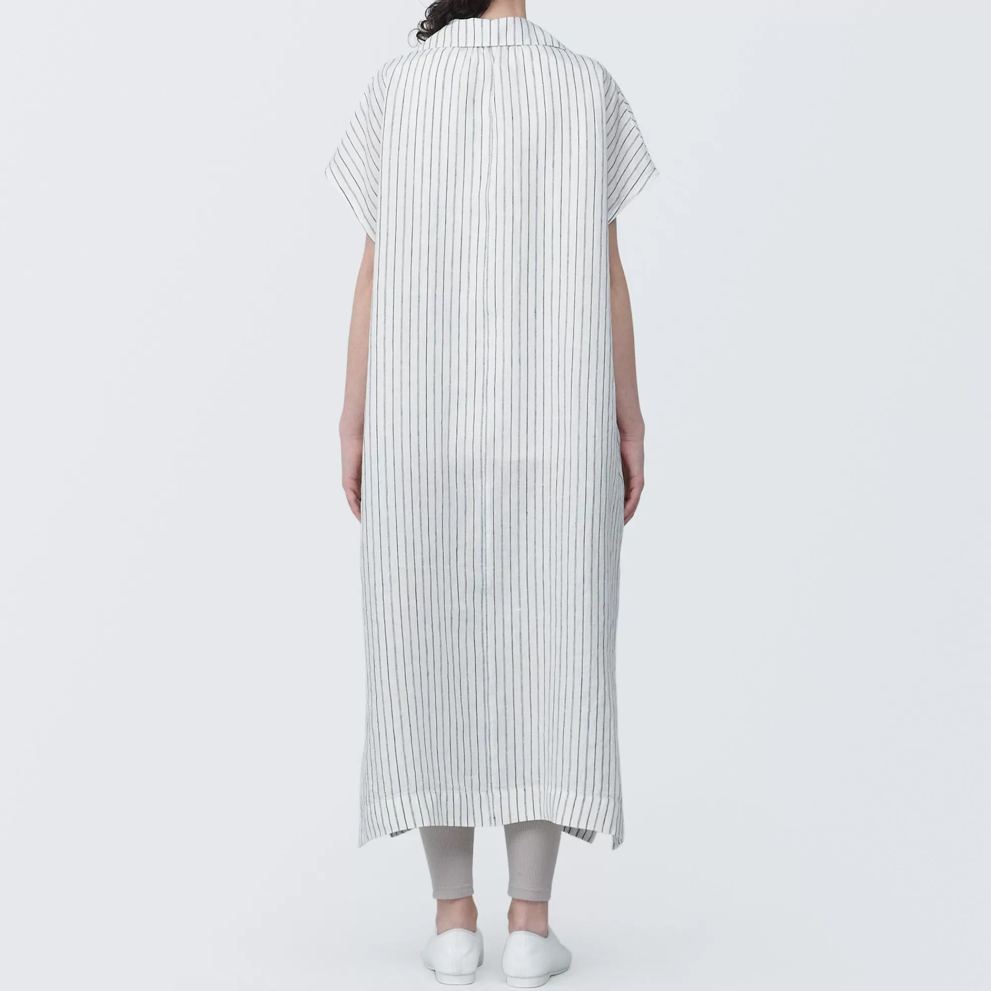 MUJI Women'S Washed Linen Skipper Collar Short Sleeve Striped Dress Off White Stripe Best Sale