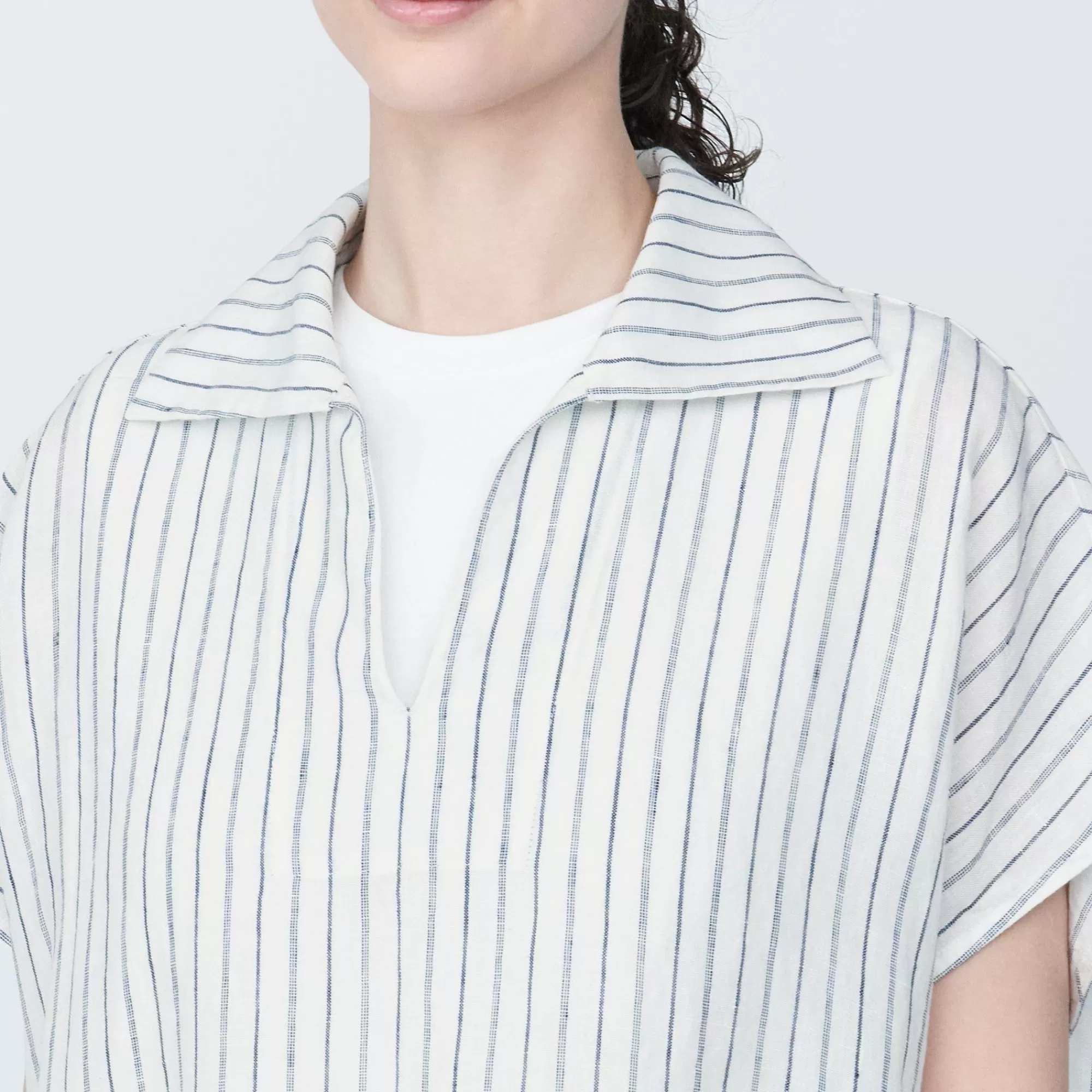 MUJI Women'S Washed Linen Skipper Collar Short Sleeve Striped Dress Off White Stripe Best Sale