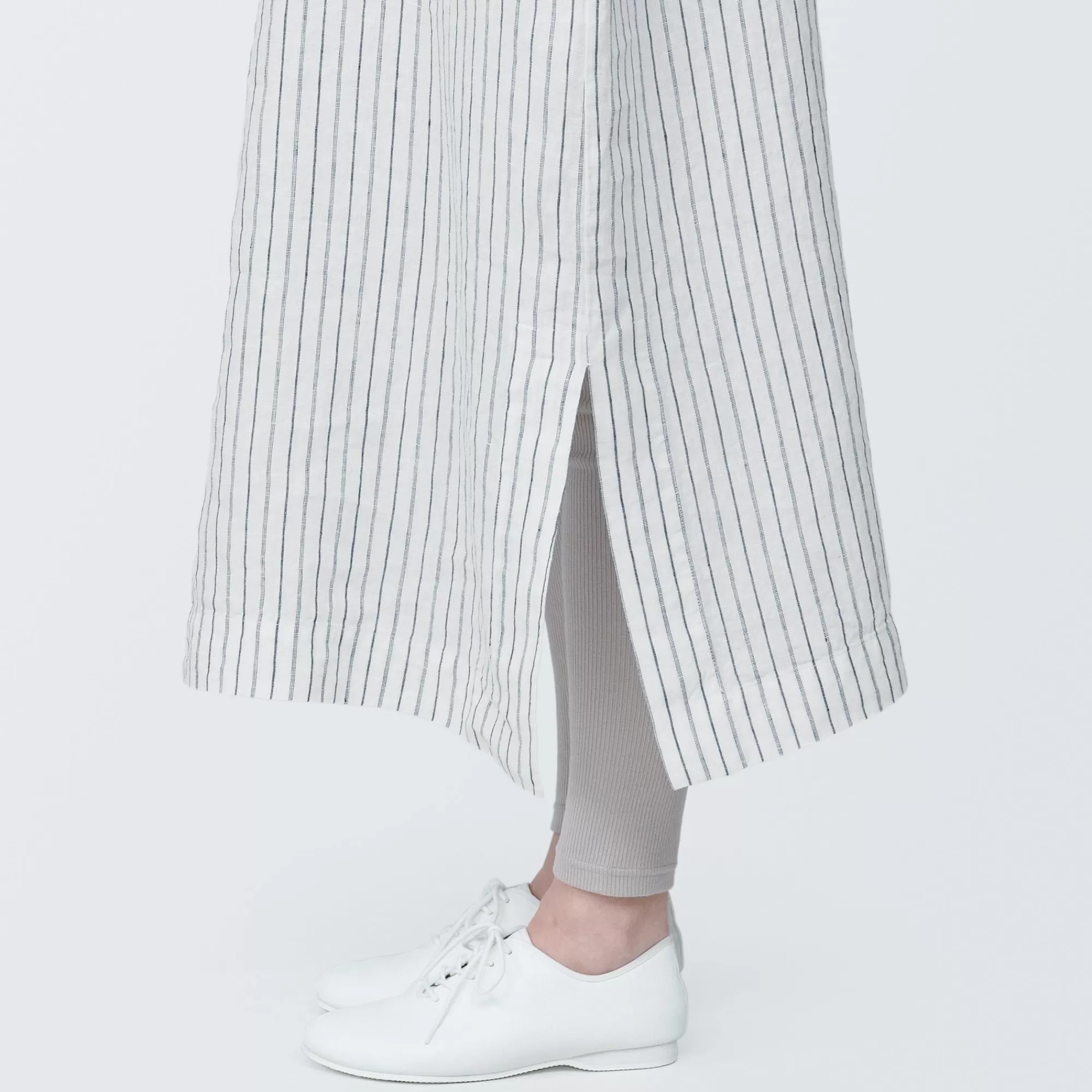 MUJI Women'S Washed Linen Skipper Collar Short Sleeve Striped Dress Off White Stripe Best Sale